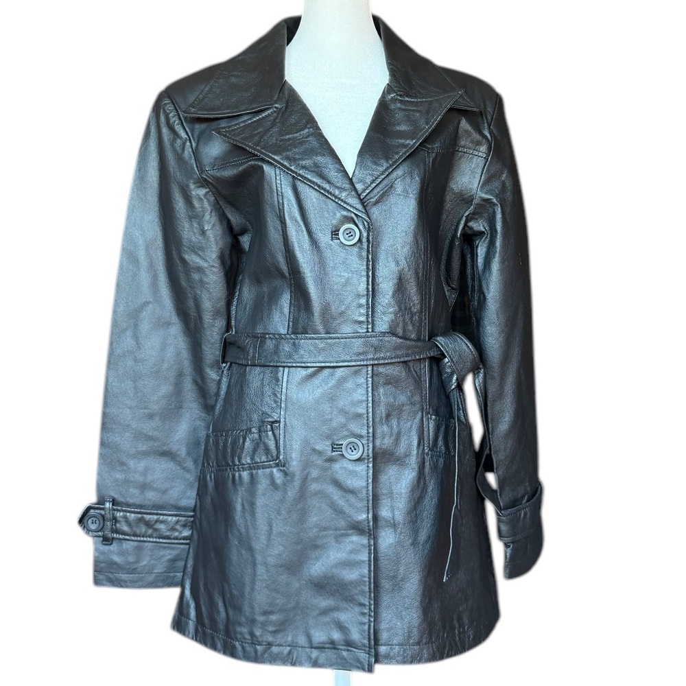 Oscar Piel 100% Leather Belted Button Front Black Coat‎ Jacket  Sz M